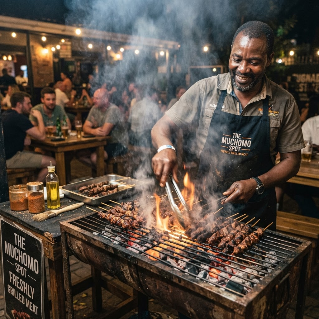 Chef grilling muchomo over charcoal