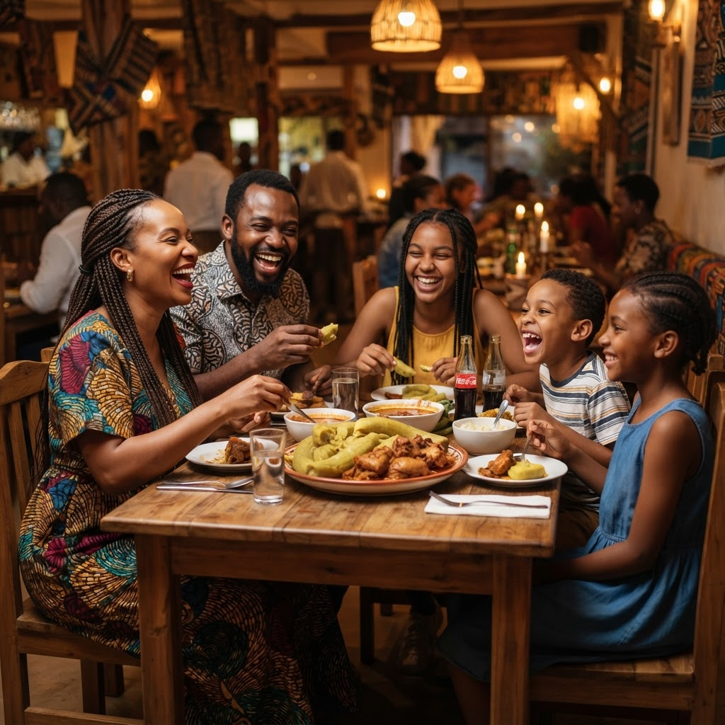 Family laughing over matooke and chicken