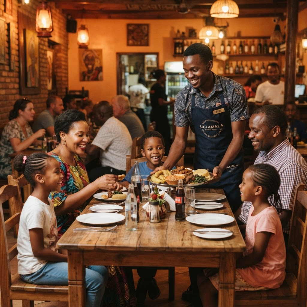 A friendly waiter serving a family at Kampala Family Restaurant